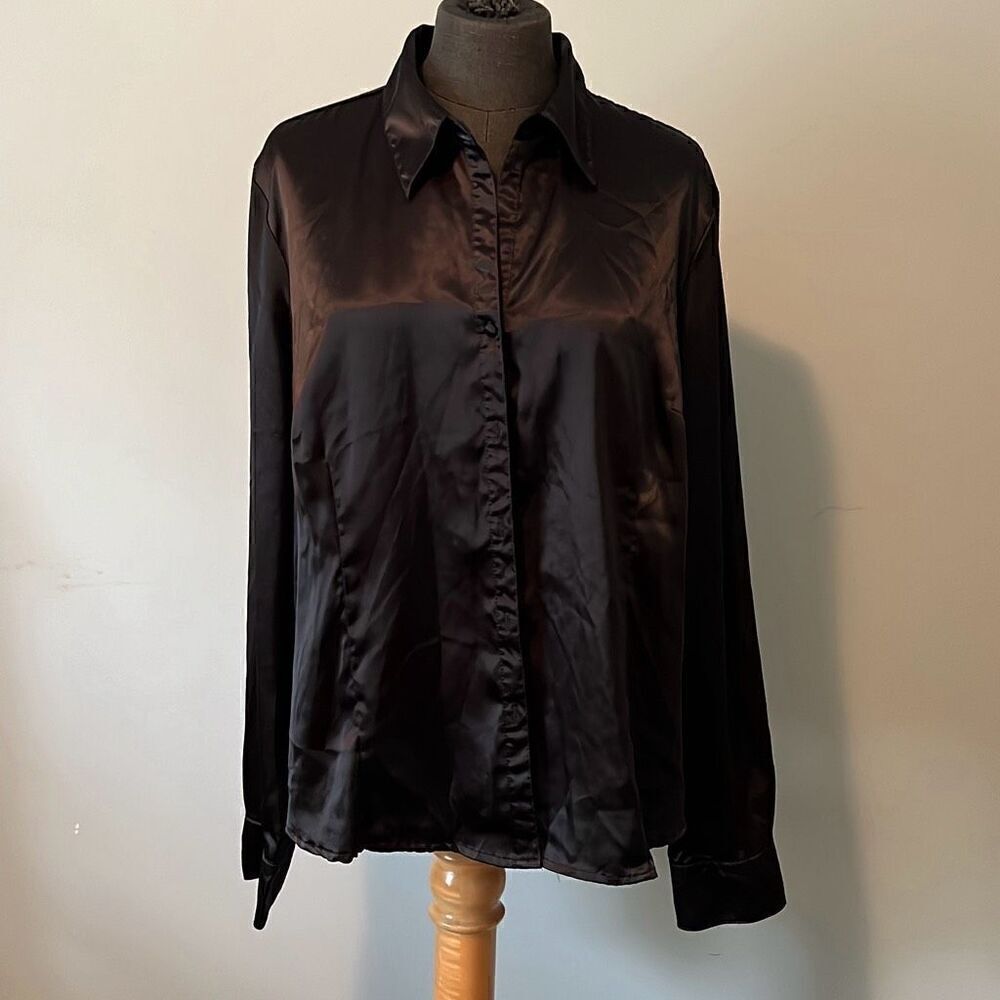George Stretch Women's Black Long Sleeve Soft Silky Button Up Blouse Large